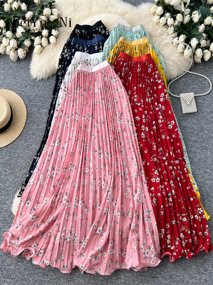 

Beiyingni 2026 Trendy High Waist A-line Skirts Woman Floral Print Casual Korean Elastic Waist All-match Long Pleated Skirt Jupe