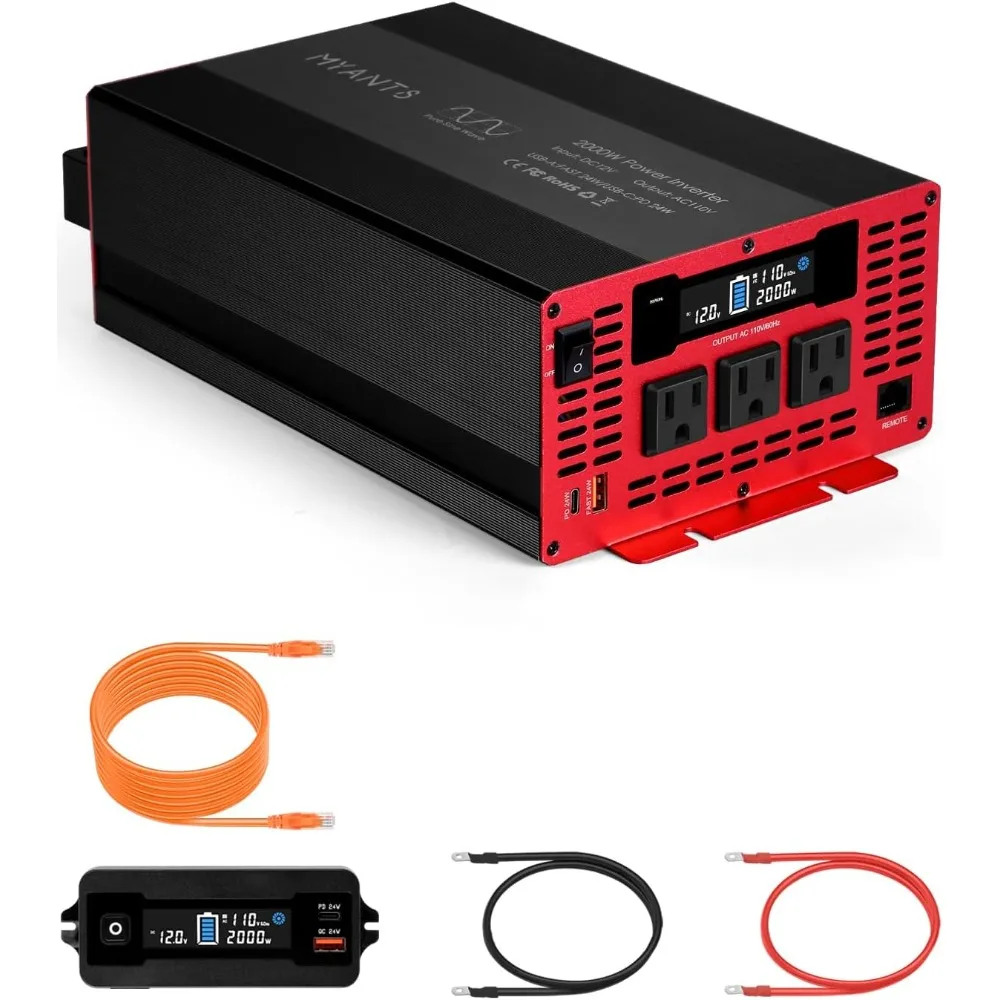 

4000W Peak Power 12V DC to 110V/120V AC Pure Sine Wave Car Inverter with 3 AC Outlets and 2 USB Ports