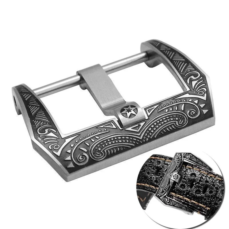 20mm 22mm 24mm Stainless Steel Large Watch Buckle For Panerai Vintage Black Silver Carved pattern Metal Brushed Watch pin buckle