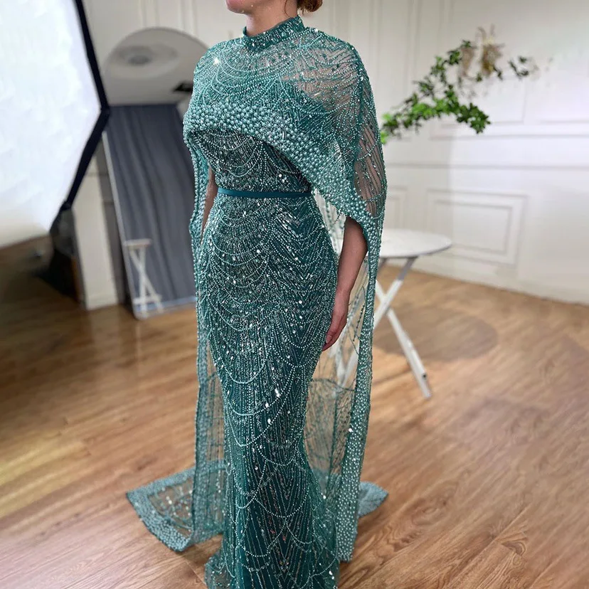 13 Color Sampl 2024 Embroidered Beaded Pearl Crystal Evening Dress Luxurious Rhinestone Dubai Mermaid Long Party Gown With Cloak