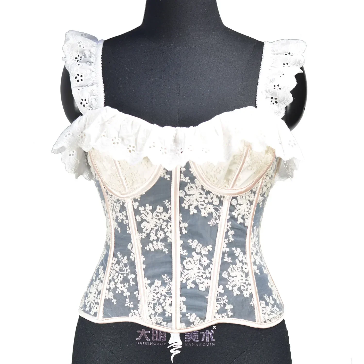 

Элегантный женский сетчатый белый корсет, топ, винтажный модный сексуальный бюстгальтер, бюстье с цветочным принтом, рюшами на бретелях, корсеты, жилет, горячее нижнее белье