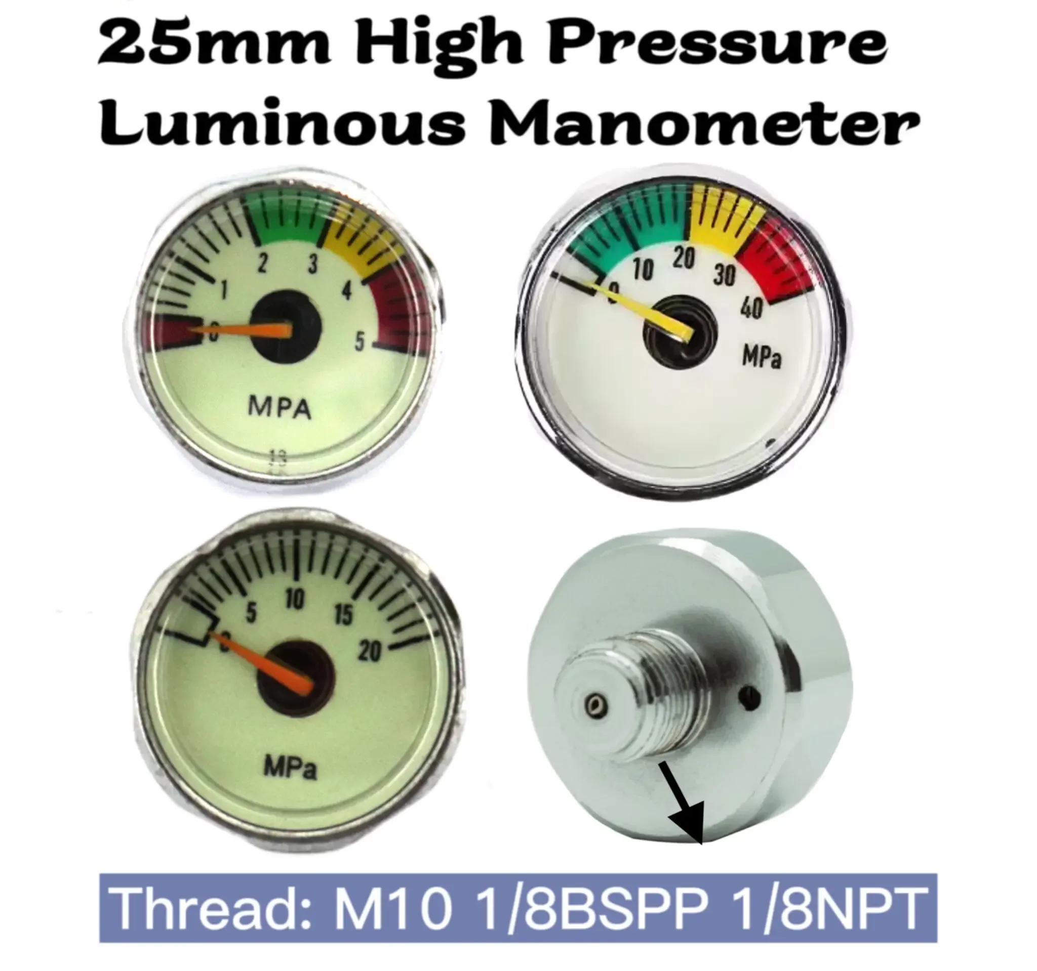 25mm Mini Pressure Gauge 5mpa/20mpa/40mpa/300bar/400bar/5000psi/6000psi,1/8BSPP M10 1/8NPT