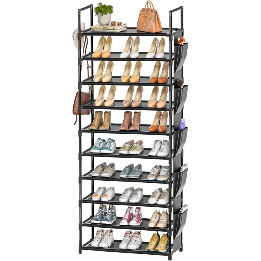 

Tall Shoe Rack 10 Tier Shoe Organizer with Metal Shelf 5 Hooks Pocket Sturdy Stand for Closet Shoes