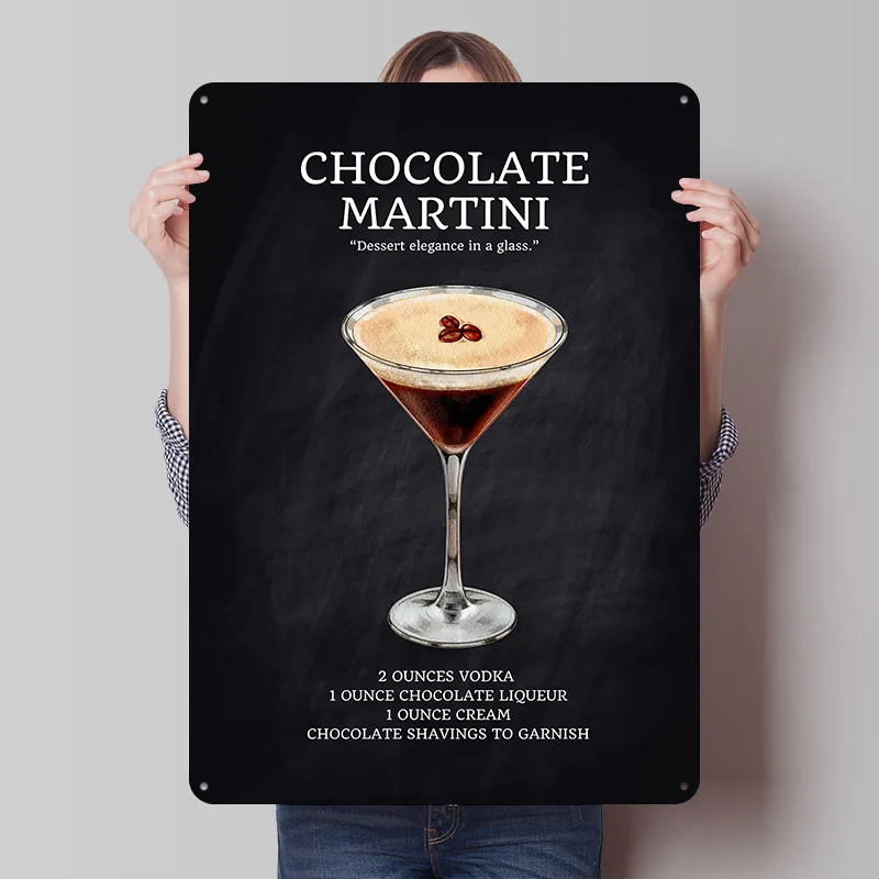 Póster de hojalata con receta de cóctel Martini de chocolate, arte de pared personalizado, letreros metálicos vintage, placa de hojalata retro para decoración de garaje