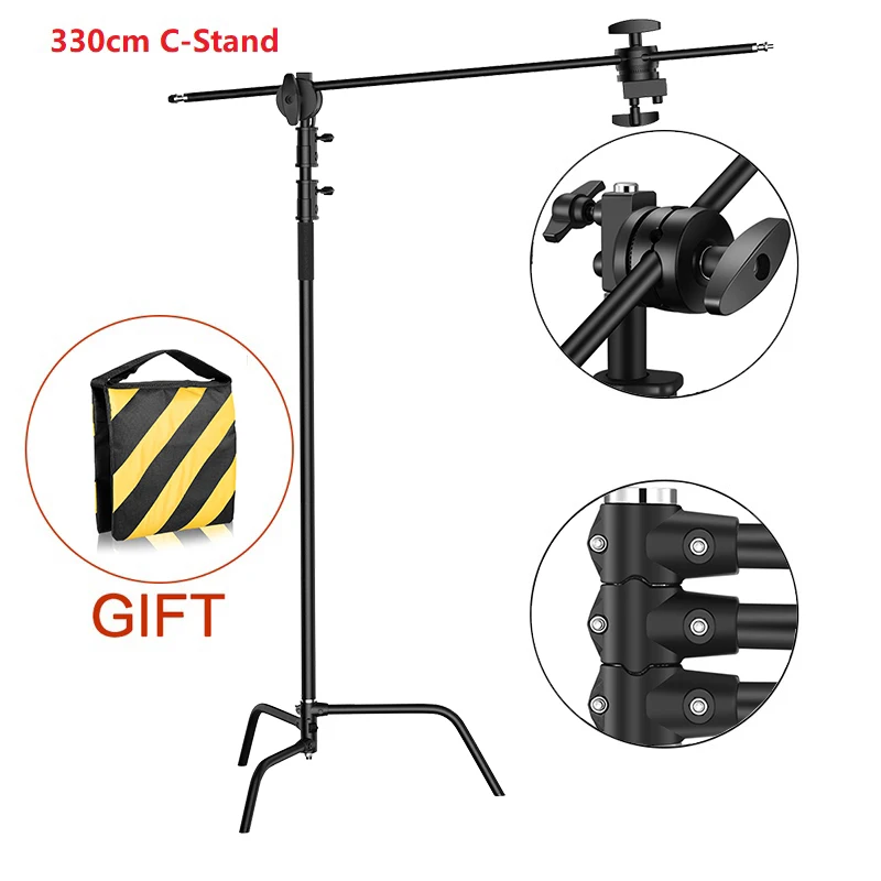 3.3M Black C-Stand Stainless Steel Century Foldable Light Stand Tripod Magic Leg Photography C-Stand For Spot Lighting Softbox