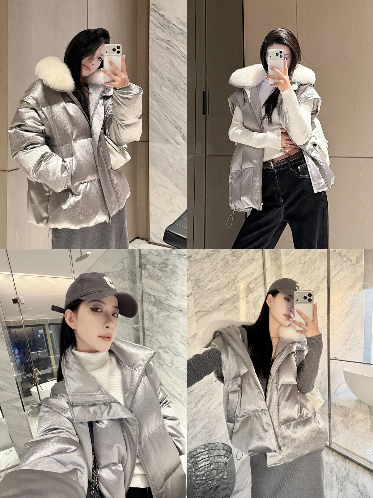 

Женская зимняя короткая куртка-пуховик Destructured Design Detachable Sleeve White Down Jacket с меховым воротником PAPERLLL для повседневной носки