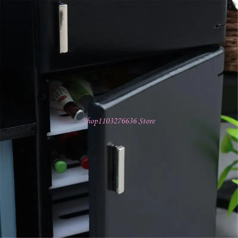 ثلاجة R6FD لبيوت الدمى، قطعة زخرفية خشبية سوداء لمشهد صغير