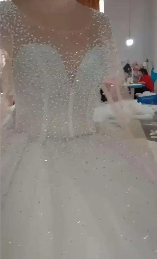 Personalizado faísca ver através de pérolas contas vestido de baile vestido de casamento vestidos de novia plus size manga longa vestido de noiva