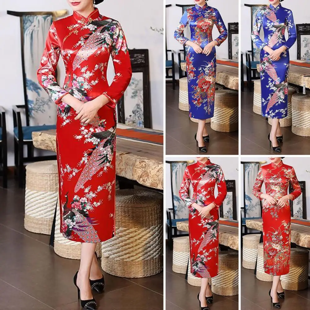 

Chinese Style Qipao Dress Elegant Chinese National Style Floral Print Cheongsam Dress with Stand Collar for Summer for Women