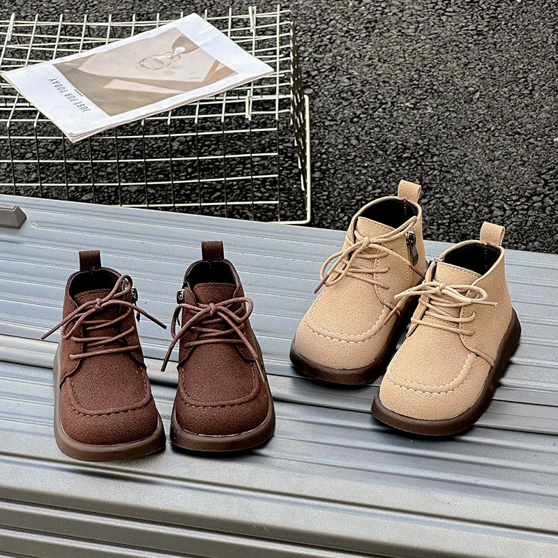 

Children Autumn Winter Side Zipper Leather Boots Girls Boots Kids Fashion Pink Front Lace-up Booties Square Toe Solid Color Shoe