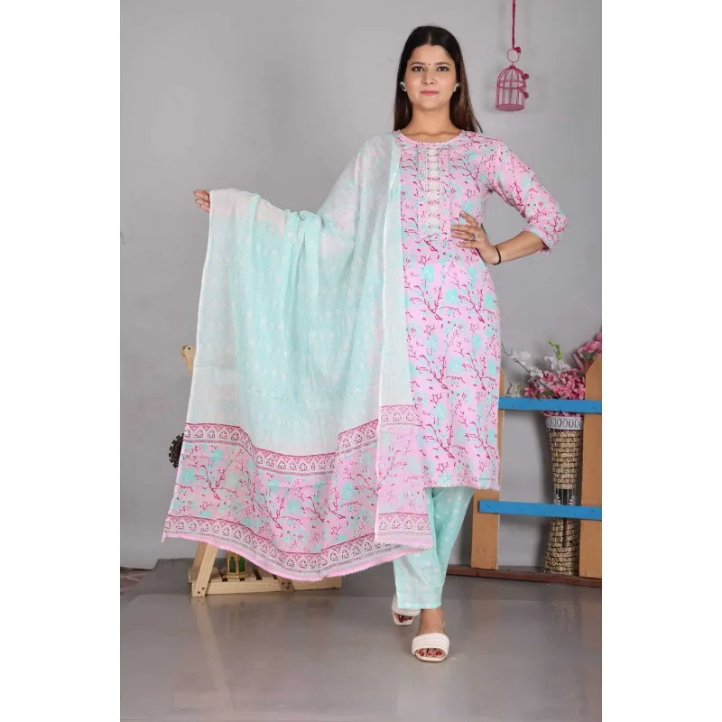 Cotton Fabric Kurta Palazzo with Dupatta Set Women Salwar Kameez Suit Dress Kurt