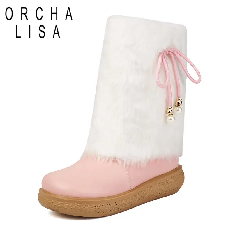 

ORCHA LISA 2025 Милые зимние ботинки для девочек с круглым носком на плоской подошве и молнией с бантом, плюшевые теплые ботинки до середины икры, большой размер 41 42 43 Розовый Белый