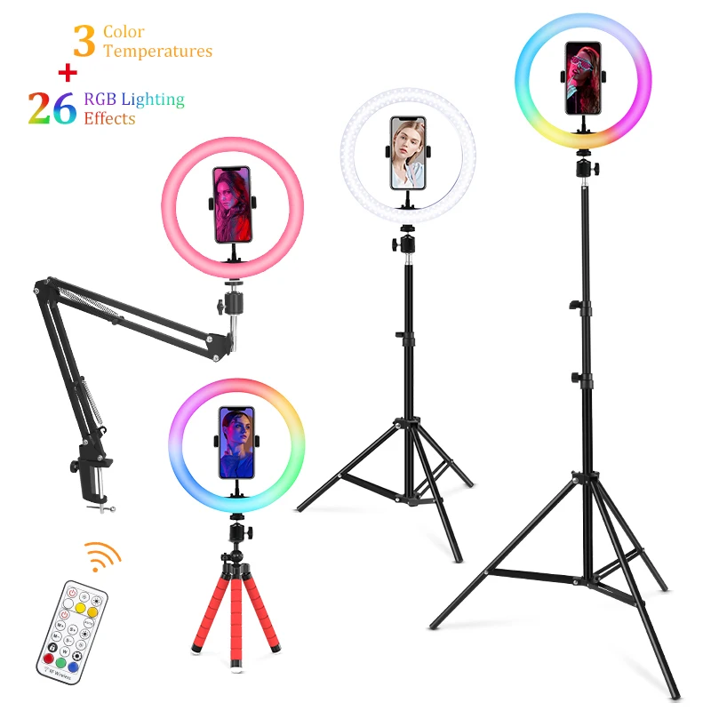 26cm Dimmable RGB Video Fill Light Photo LED Ring Light Selfie Ring Lamp with Tripod Phone Clip of YouTubeMakeup Video Streaming