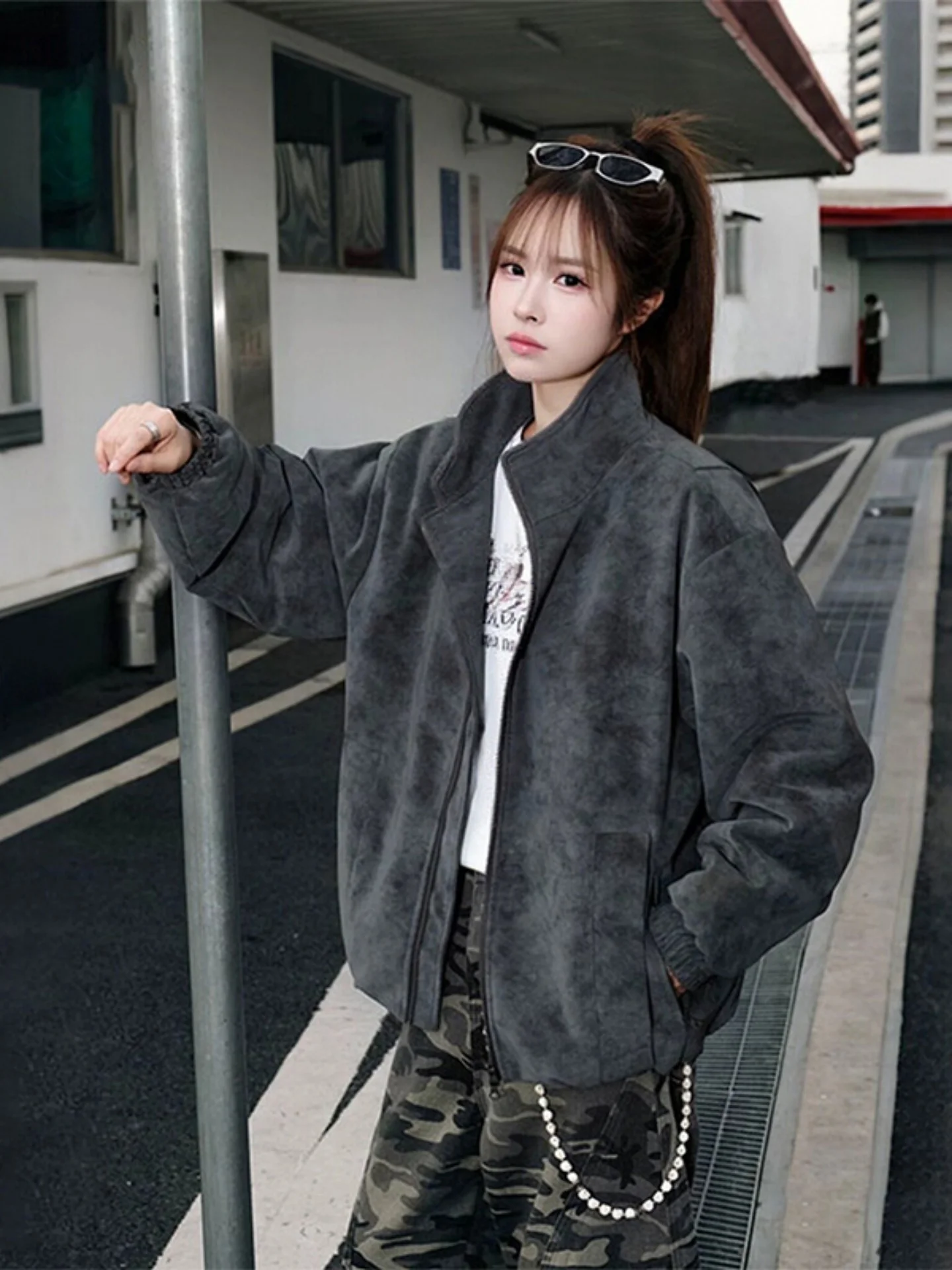 

American Sle Mat Fini Tie Dye Leather Jaet Men Spring New Trend Loose Flight Jaet PU Leather Stand Collar Top Women