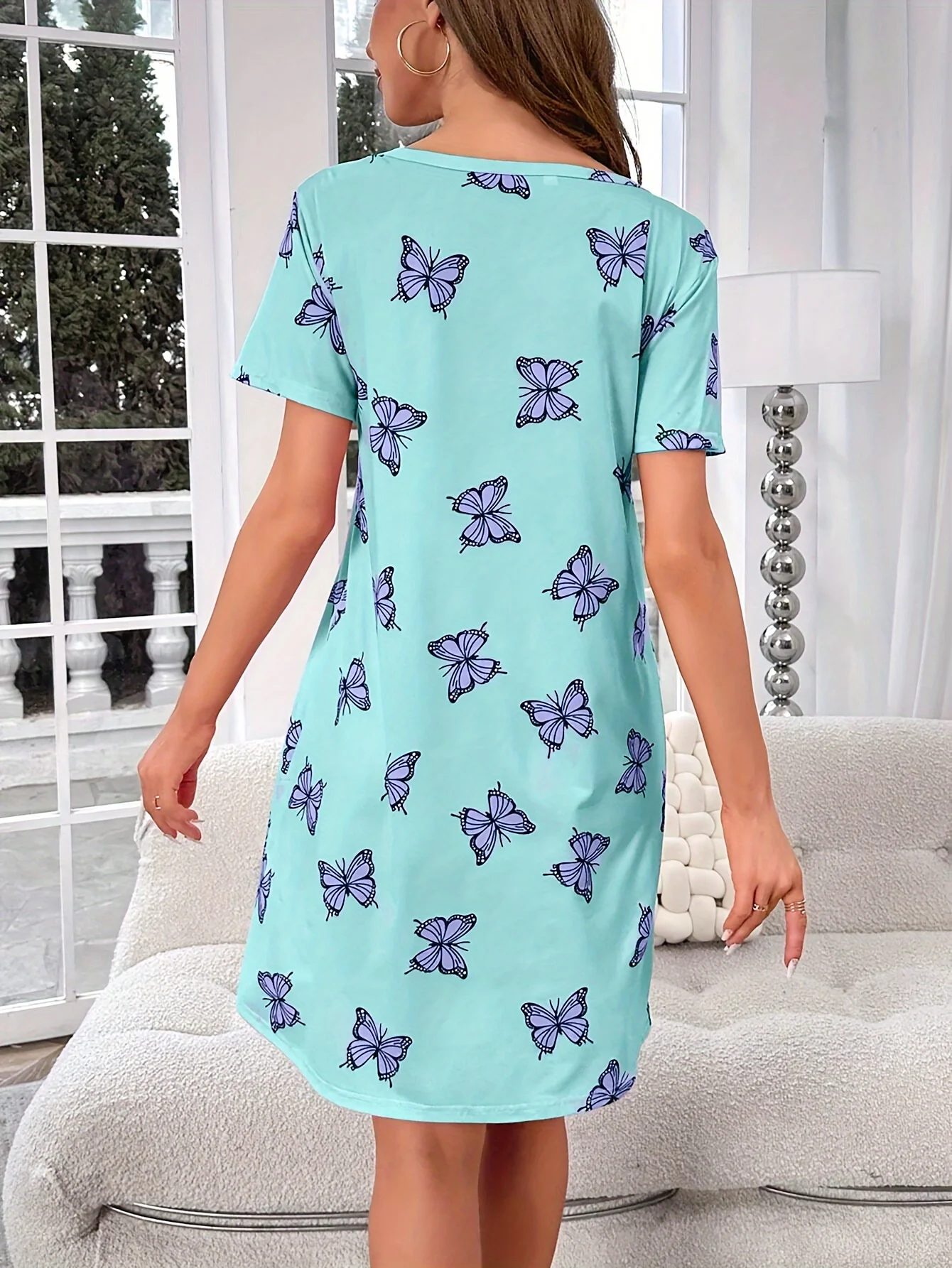 Casual Butterfly Printed Pajamas Short Sleeve Round Neck T-Shirt Dress Summer Women's Plus Size Pajamas Student Skirt