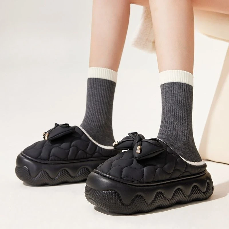 

​Women's Autumn Winter Cotton Slippers Bow Knot Cute Thick Sole Waterproof Anti Slip Height Increase Ultra Soft Comfortable​