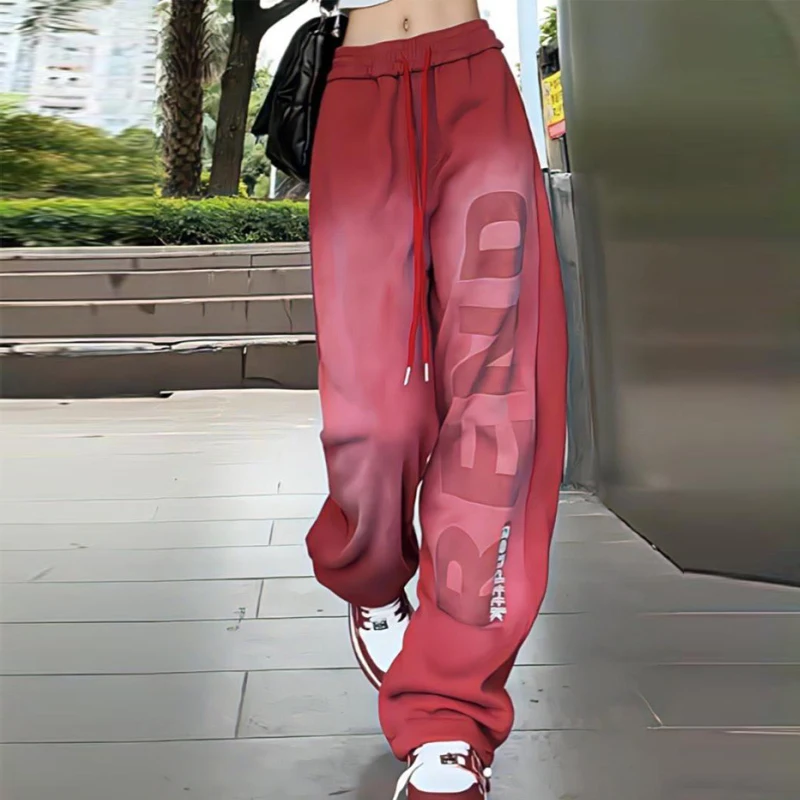 Women's Trendy Gradient Letter Print Streetwear Oversized Sports Wide Leg Pants Y2K Harajuku Female High Waist Baggy Sweatpants