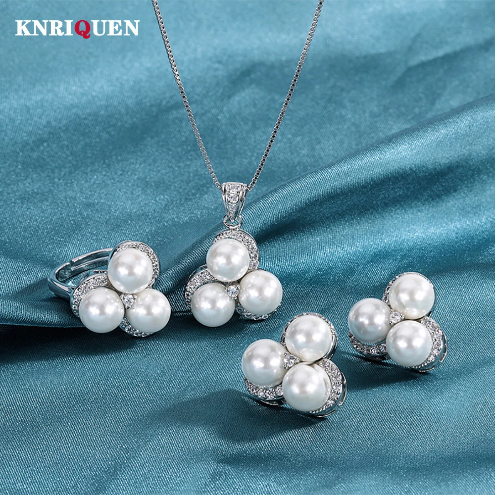 

2022 Trend 7.5mm White Color Pearl Pendant Necklace Ring Earrings for Women Charms Wedding Engagement Jewelry Sets Female Gift