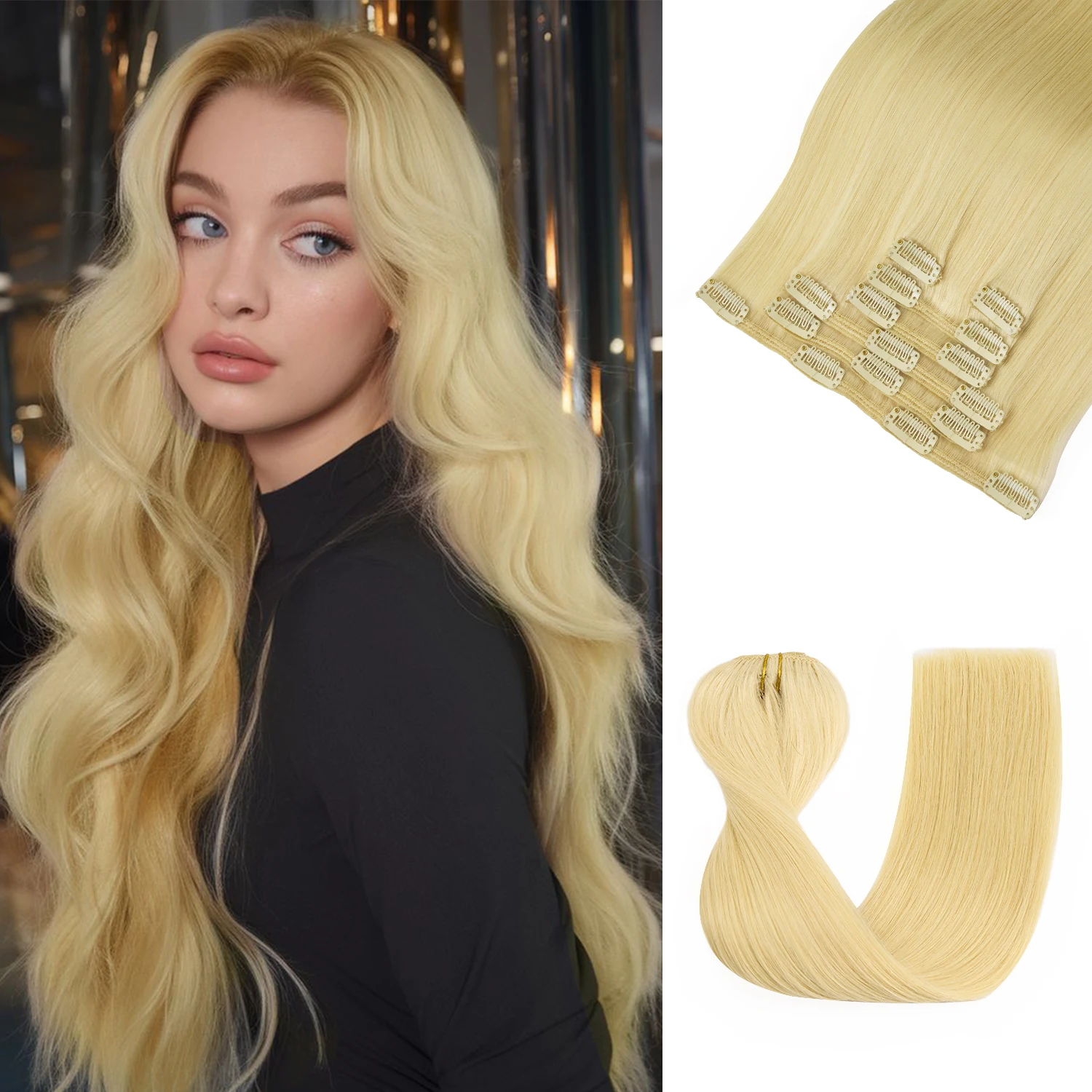 

LOVELINE Clip in Hair Extensions Real Human Hair Bleach Blonde Remy Straight Human Hair Extensions Seamless Invisible Clip ins