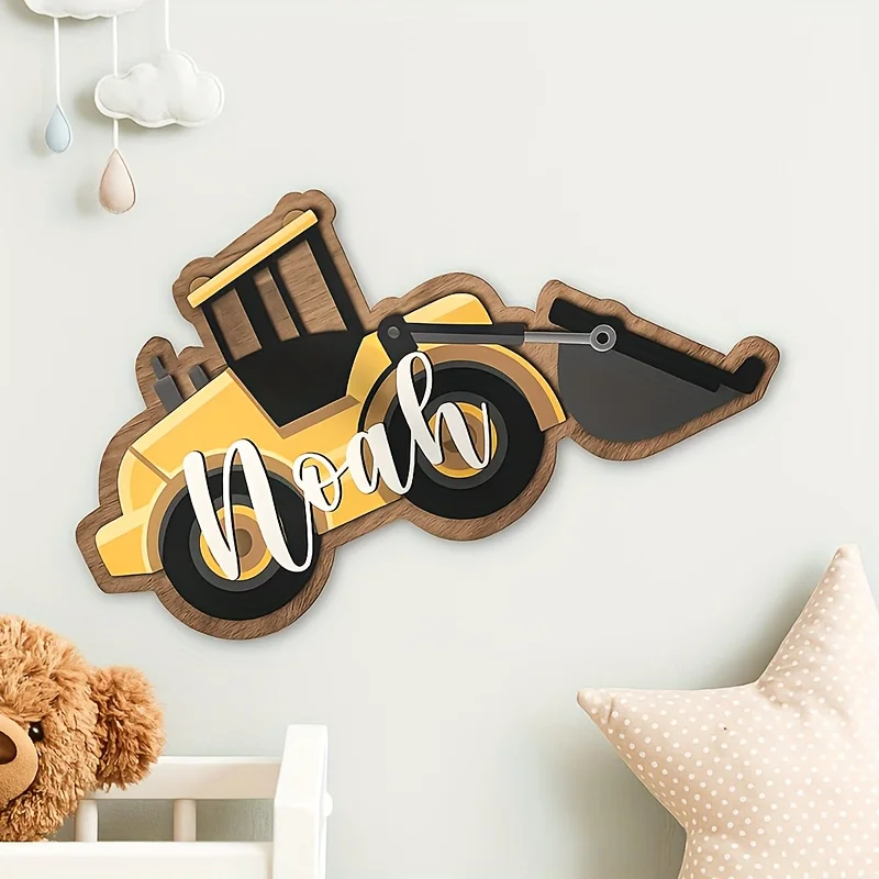 شعار خشبي مخصص/اسم - ديكور جدار غرفة الطفل تحت عنوان جرافة مع لوحة اسم مخصصة (سهلة التركيب)