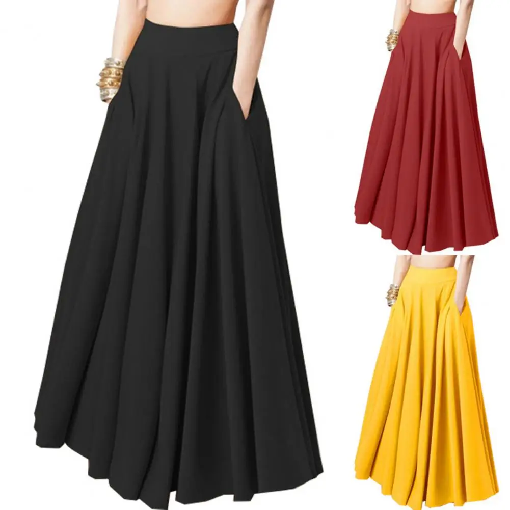 1Pc Comfy Women Maxi Skirt High Waist A-Line Solid Color Skirt with Pockets Loose Fit Pleated Long Skirt for Leisure Daily Wear