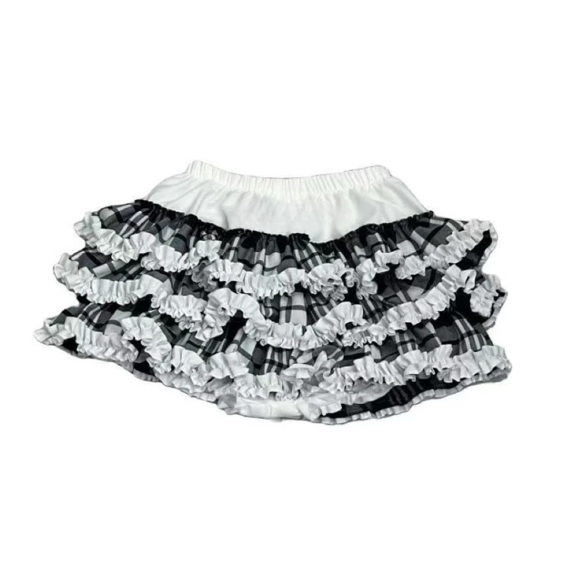 Vintage Plaid Patchwork High-waist Skirt Women's Hot Girl Y2k Lace Loose Cake Skirt Female Hepburn Preppy Style A-line Skirt