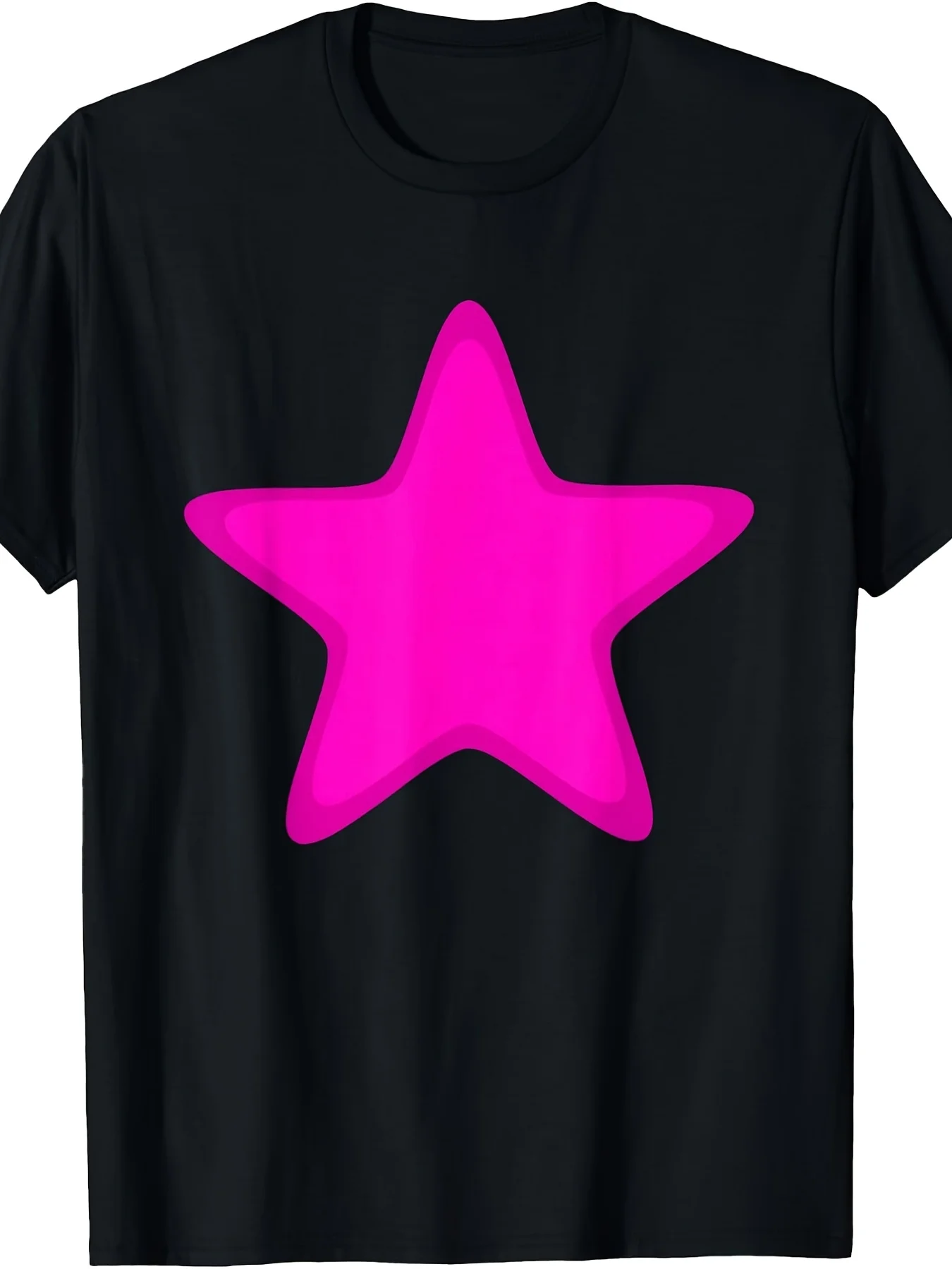 Pink Star Border Pink Star T-Shirt Retro Casual Round Neck Printed T-Shirt
