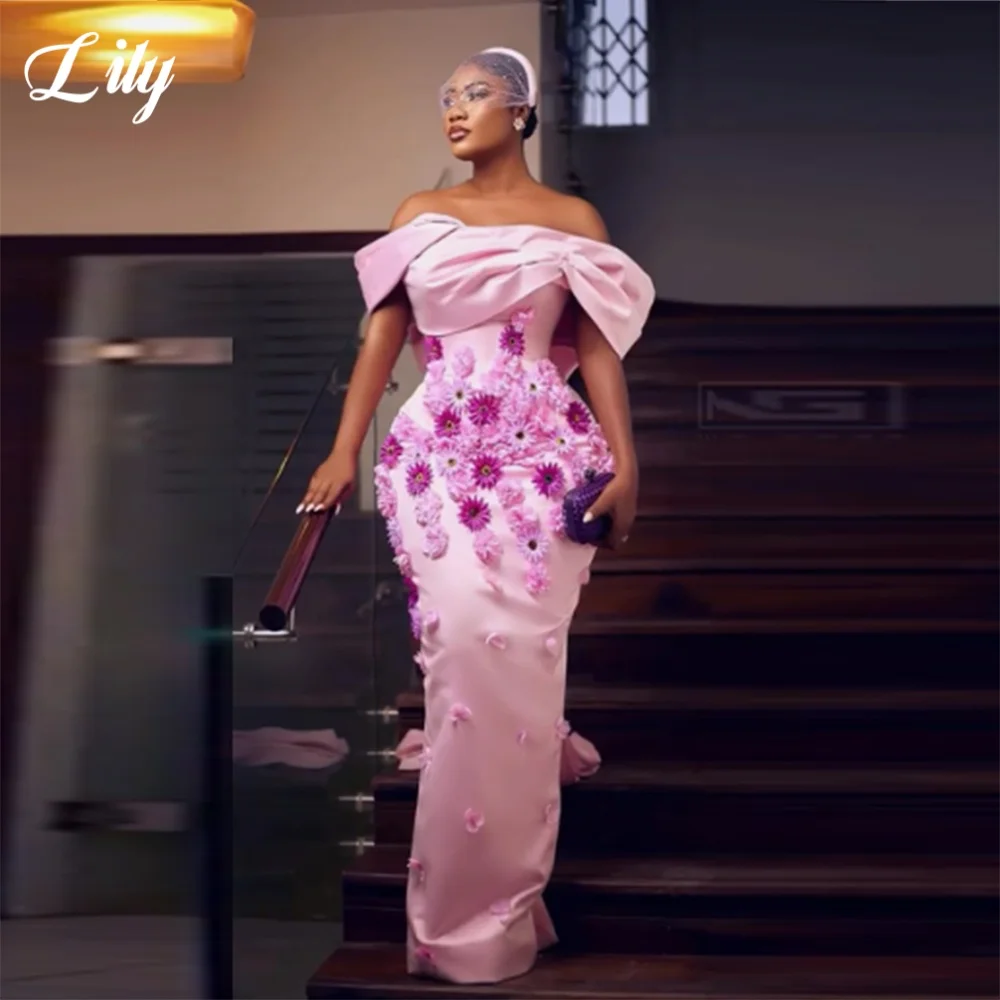 

Lily Pink Off the Shoulder Prom Dress with 3D Flowers Sexy Backless Mermaid Evening Dresses 3D Big Bow Formal Gowns Customized
