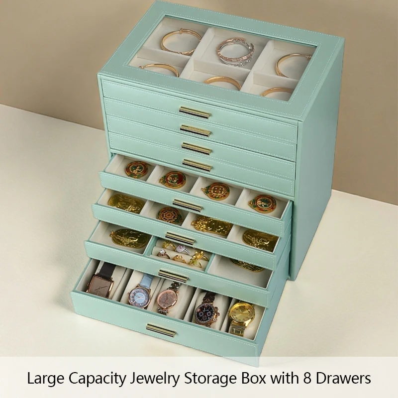 Large Capacity Jewelry Organizer with 8-drawer Real Leather Storage Box for Earring Ring Necklace Watch Collection Display