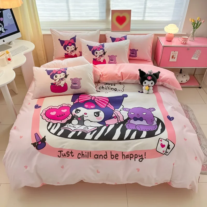 

4-piece Set of Sanrios Cartoon Kuromi Pure Cotton Duvet Cover Bed Sheet Cute Hello Kittys Anime Print Family Dormitory Girl Gift
