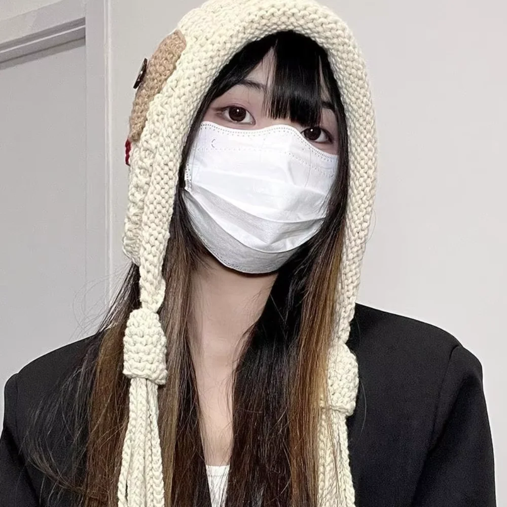 Harajuku تصميم محبوك قبعة مع شرابات طويلة الدفء زر الكروشيه لي فنغ قبعة الكورية نمط سميكة قبعة حماية الأذن