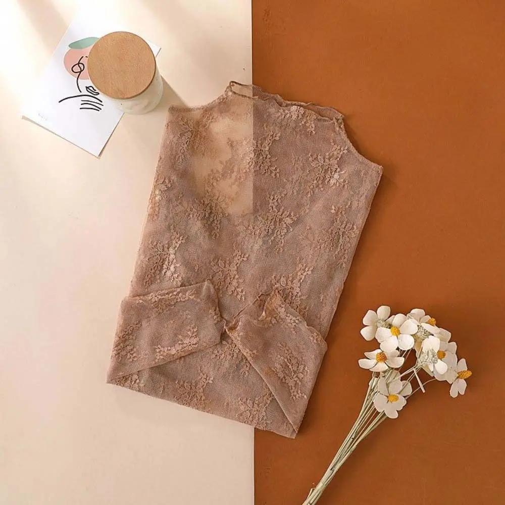 Elegant Mesh Transparent T-shirt Hollow Long Sleeve Lace Floral Shirts Sheer Tees Undershirt Lace Bottomed Blouse Female