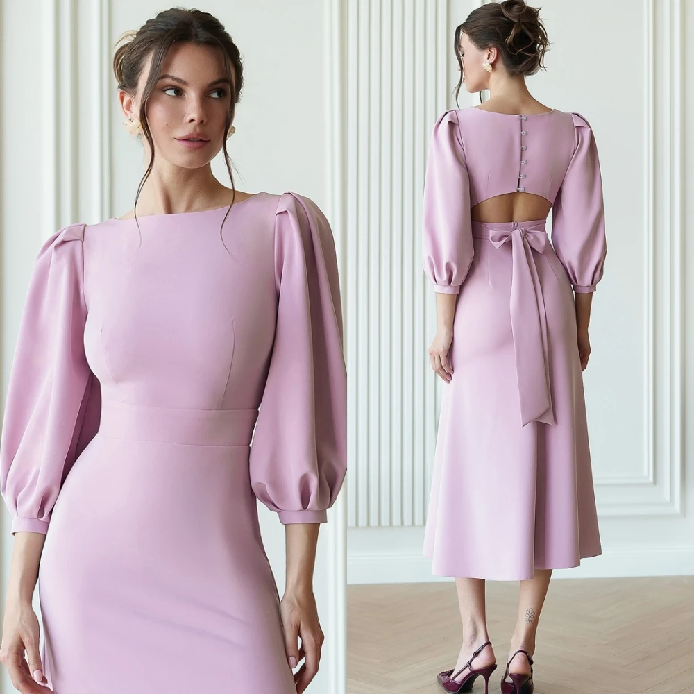 ที่กําหนดเอง Simple Mermaid ชุดราตรีคลาสสิก 3/4 แขนชาความยาว O-คอชุดราตรี JERSEY Bow ซาอุดีอาระเบีย PARTY Dresses