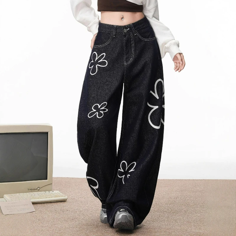 

Женские брюки длиной до пола с принтом, джинсы, уличная одежда, широкие брюки, свободные карманы, длинные брюки на пуговицах, джинсовые осенне-зимние брюки