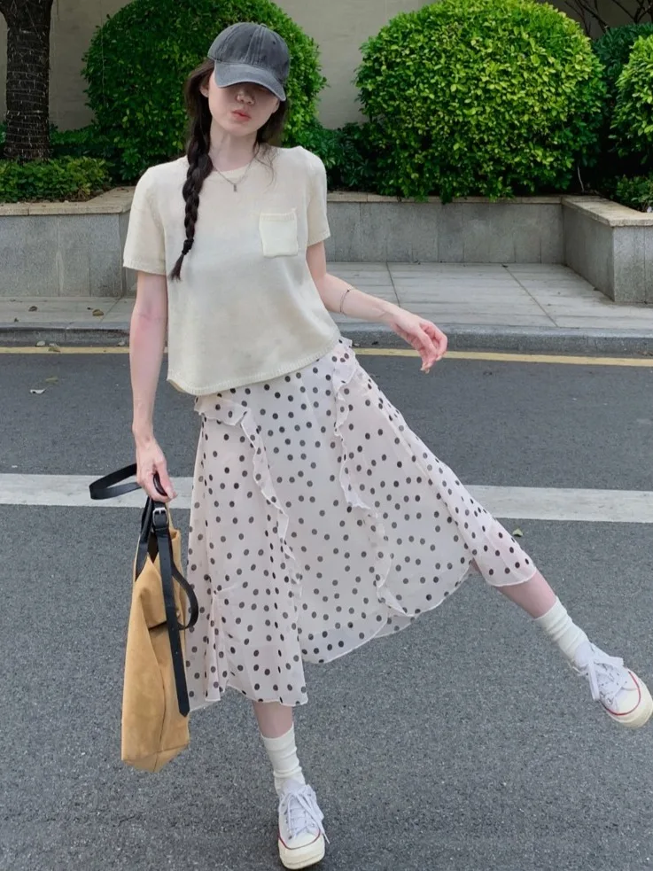 

Новая женская весенняя юбка в корейском стиле: асимметричная, в горошек, с высокой талией, приталенная, А-силуэт, миди, с кружевным подолом