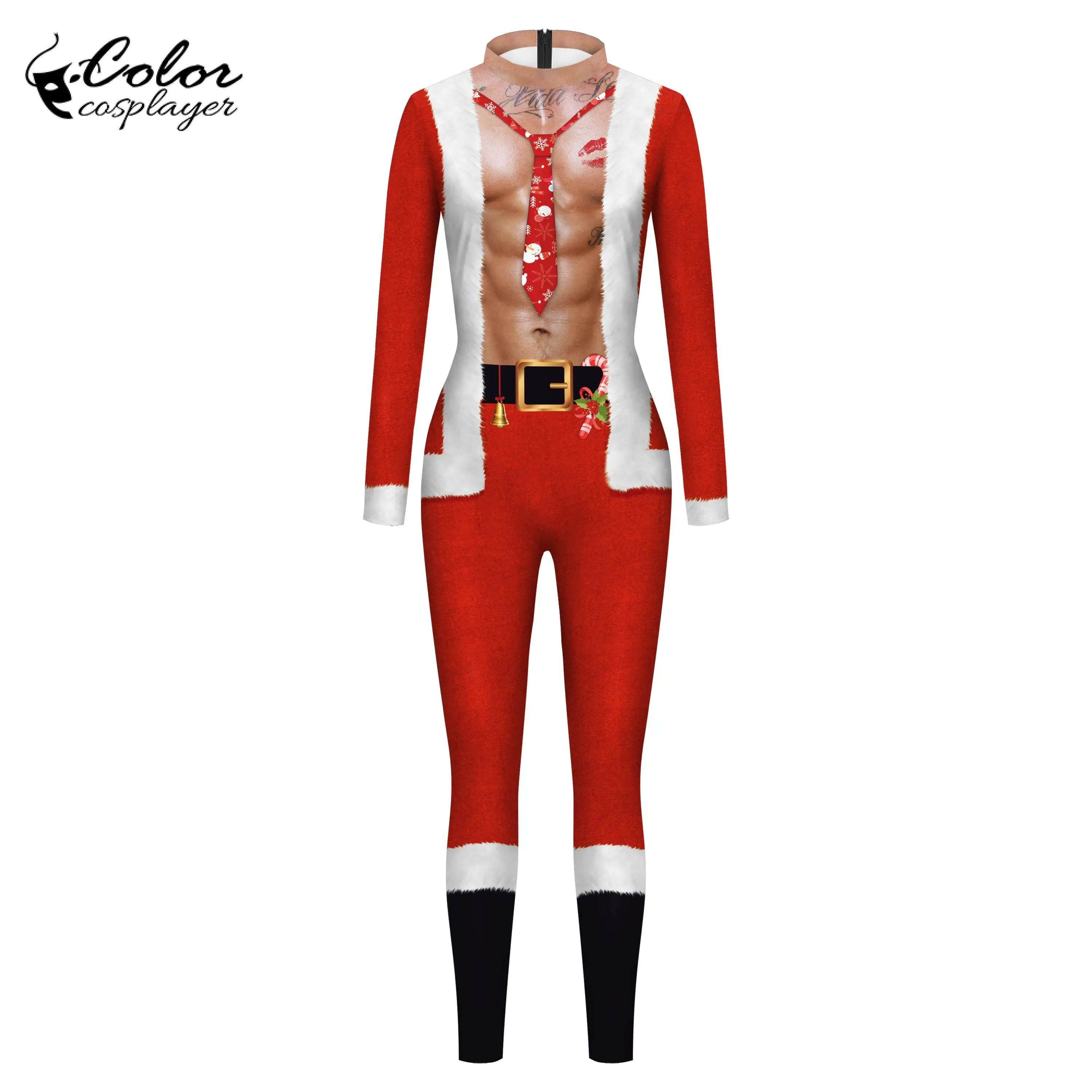 Color Cosplayer Christmas Party Long Sleeve Cosplay Costume Women Skinny Jumpsuits Santa Printed Catsuit Zentai Suit Bodysuits