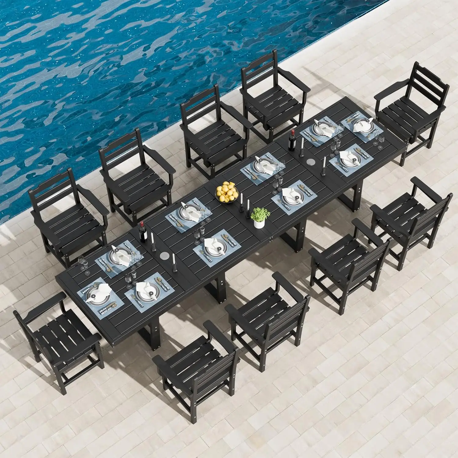 12-Piece Outdoor Dining Set for 10 - All-Weather Patio Furniture HDPE Table with Umbrella Hole and Chairs for Garden, Backyard,