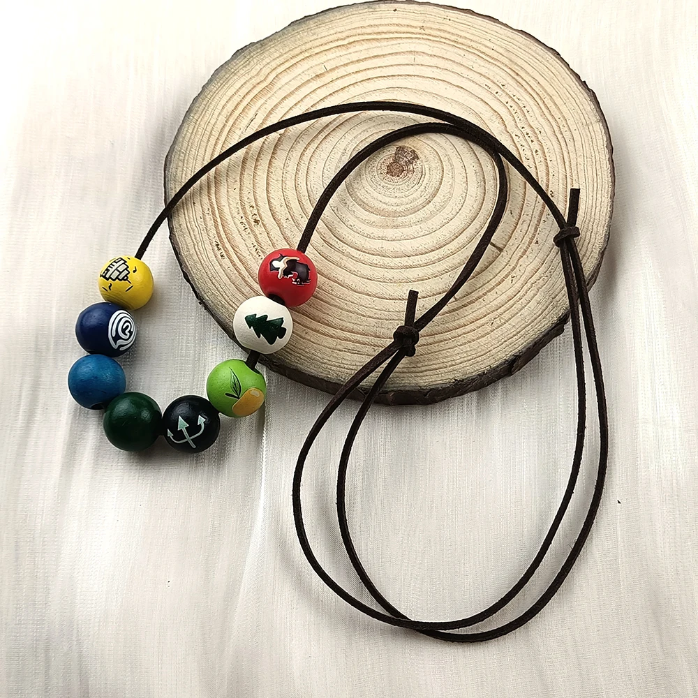 Game Outer Wilds Symbol Bead Necklace, Handmade Painted Wooden Beads Choker, Adjustable Wax Cord Cosplay Pendant Jewelry