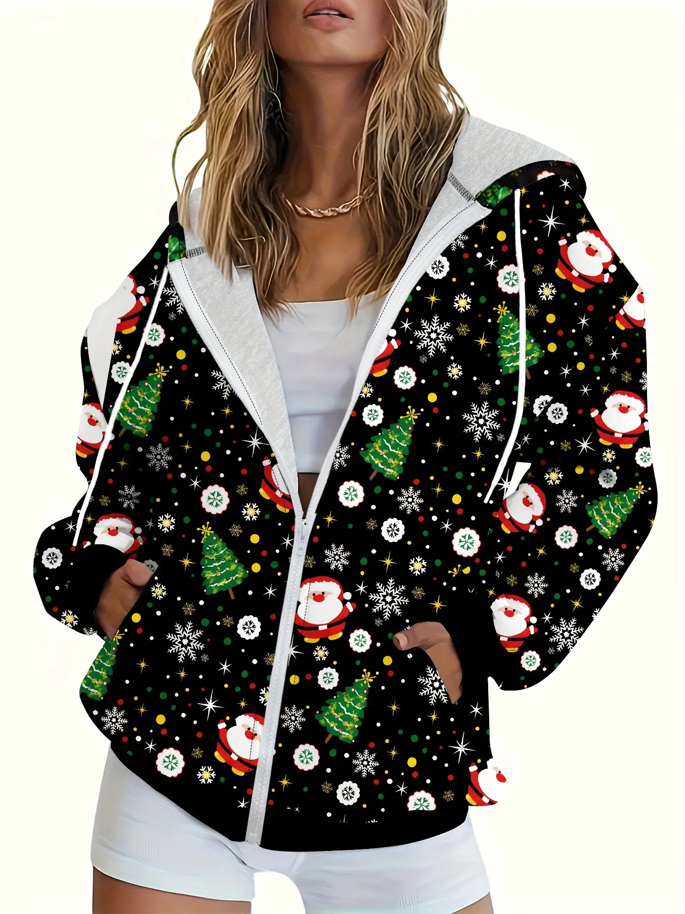 2026 Autumn/Winter Women's Zippered Hooded Sweatshirt Fashionable and Versatile Casual 3D Christmas Tree Pattern Print
