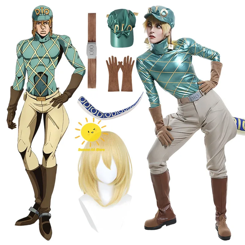 Disfraz de Anime Diego Brando, Cosplay de Steel Ball Run, Traje de Diego Brando con Top, Pantalones, Cola, Sombrero y Peluca para Halloween y Carnaval