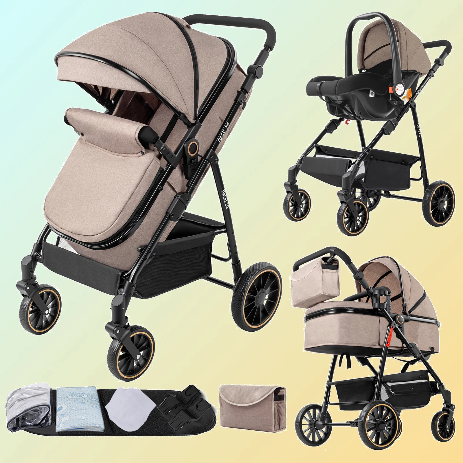 Système de poussette de voyage 3-en-1 Elite pour nouveau-né, poussette haute, pliable, légère, avec cadre en aluminium, siège réversible, inclinaison multi-positions, roues tout-terrain, capote surdimensionnée, grand panier de rangement et 6 cadeaux offerts