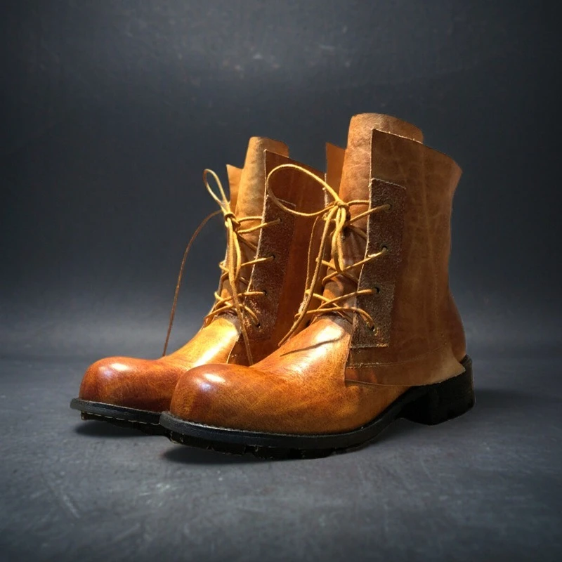 

American Retro Genuine Leather Motorcycle Boots Men High Top Shoes Thick Sole Outdoor Casual Non-slip Wear-resistant Work Boots