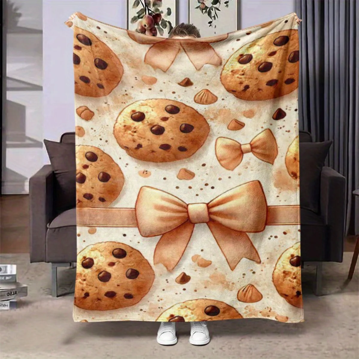 Chocolate chip cookie patterned flannel blanket - bed, sofa, office, travel, gift, decoration, chair, comfort and warmth