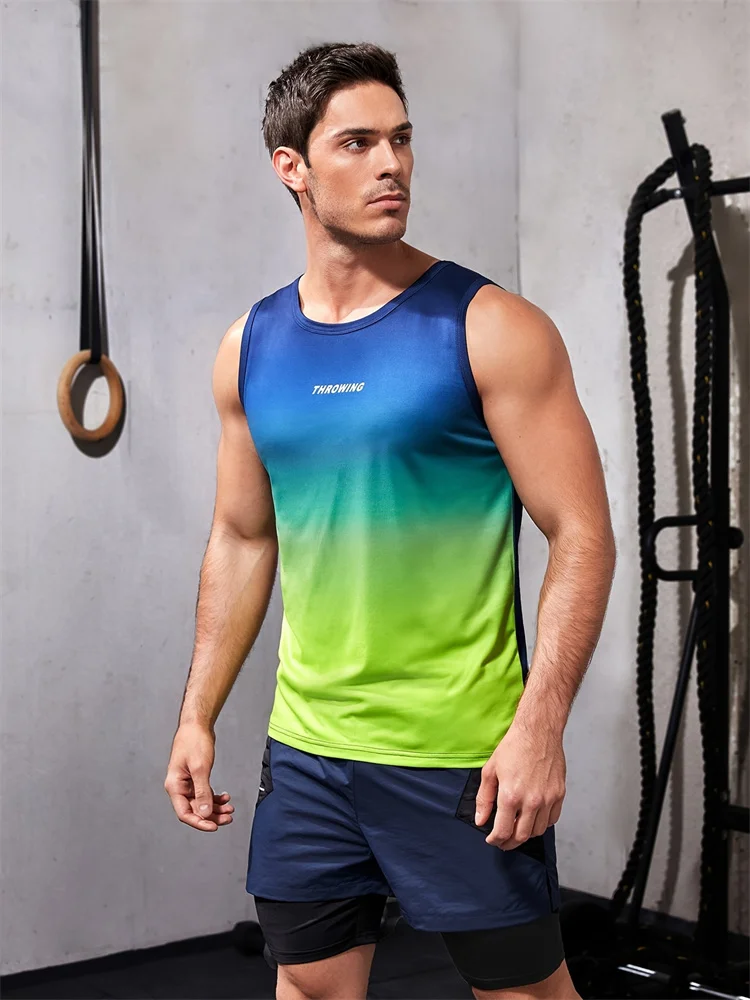 

Summer Gradient Color Letter Printed Men's Tank Tops Leisure Fashion Crew Neck Sleeveless T-shirt Daily Gym Fitness Sport Vests