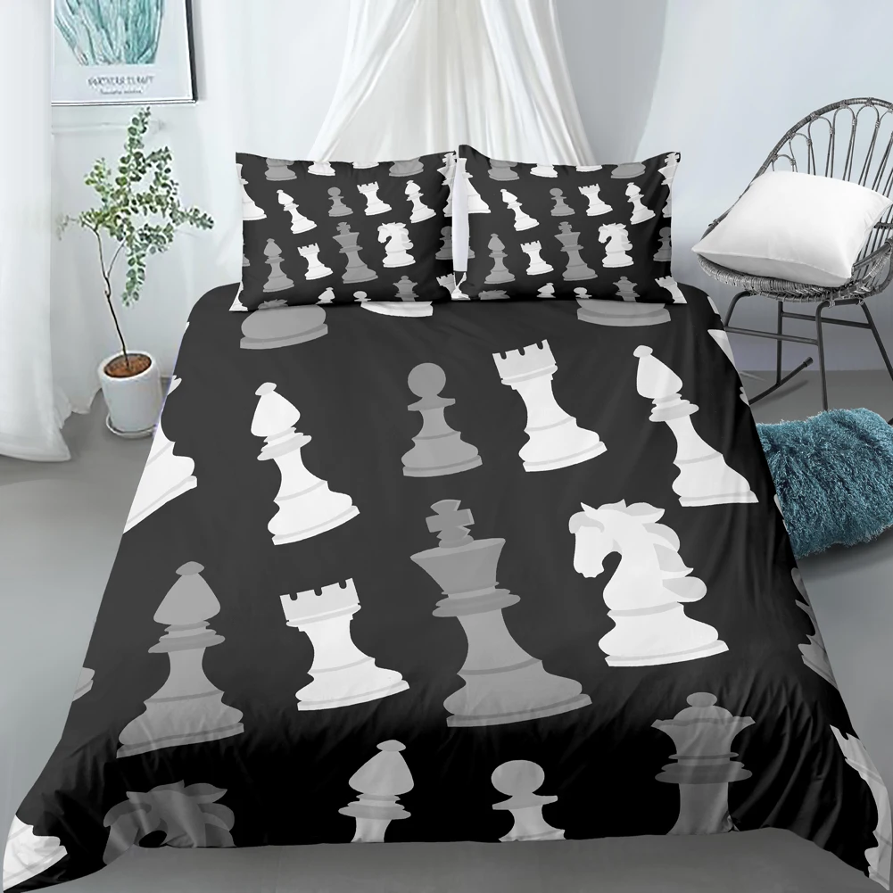 Chess Board Duvet Cover Set 3D Print International Chess Black White Comforter Cover for Kids Boys Girls Polyester Bedding Set