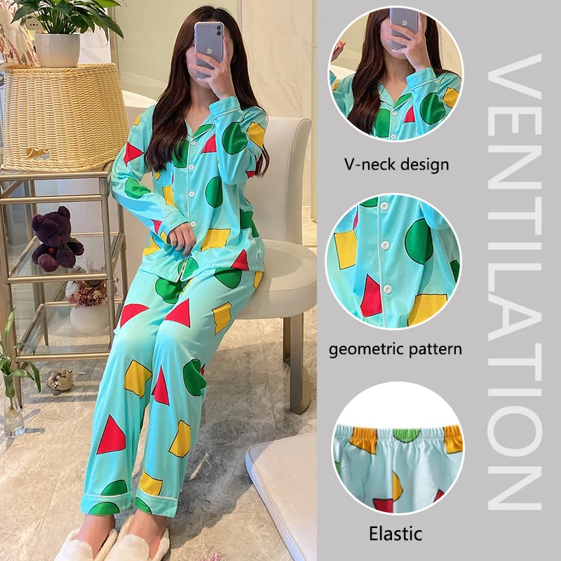 2PCS/Set Men and Women Spring Fall Couples Cute Cartoon Long-Sleeved Plus Size Homewear Green Geometric Patterns School Pajamas