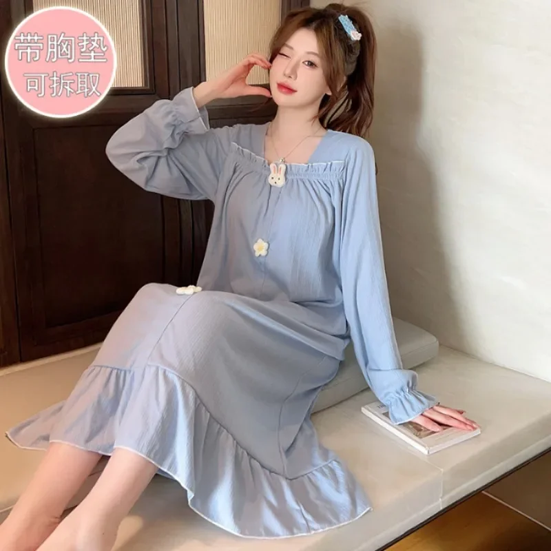 

5XL Plus Size Loose Home Dress with Chest Pads Women Spring and Autumn Long Sleeves Nightgown Sweet Cotton Pajamas Loungewear