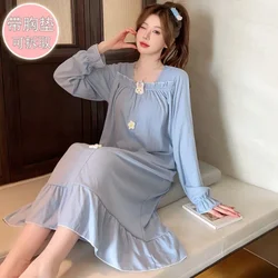 5XL Plus Size Loose Home Dress with Chest Pads Women Spring and Autumn Long Sleeves Nightgown Sweet Cotton Pajamas Loungewear