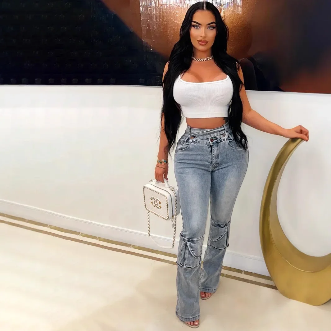 

Jeans Women Denim Straight Pants Streetwear Full Length High Waist Multiple Pockets Distressed Washed 2025 Vintage Trousers