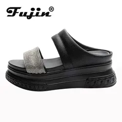 Fujin 7cm Rhinestone Genuine Leather Women Summer Peep Toe Platform Wedge Sandals High Brand Elegant Comfy Slides Beach Shoes